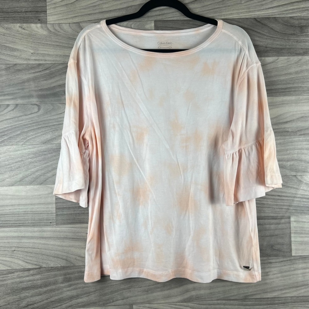 Calvin Klein Performance Blouse Womens‎ L Pink Tie Dye Short Ruffle Sleeve